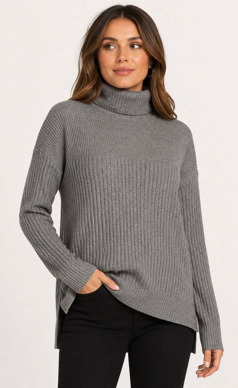 Cyrus Women's Grey Ribbed Knit Turtleneck High Low Hem Sweater
